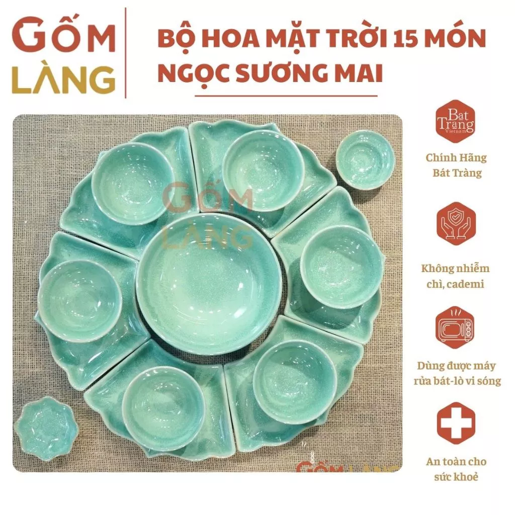 Bộ Hoa Mặt Trời Ngọc Sương Mai 15 Món Bát Tràng Mâm Cúng Tết Thủ Công Gốm Làng
